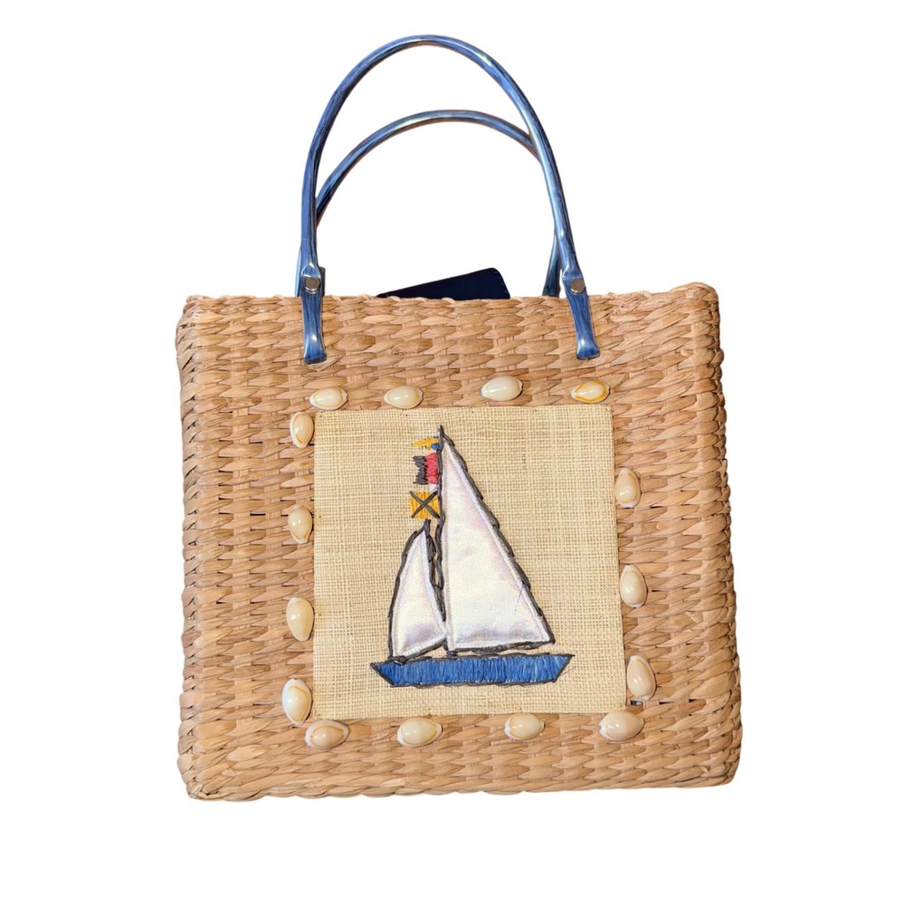 August Straw Tote Bag Womens Medium Tan Good Nautical Sailboat Shell Woven Bag